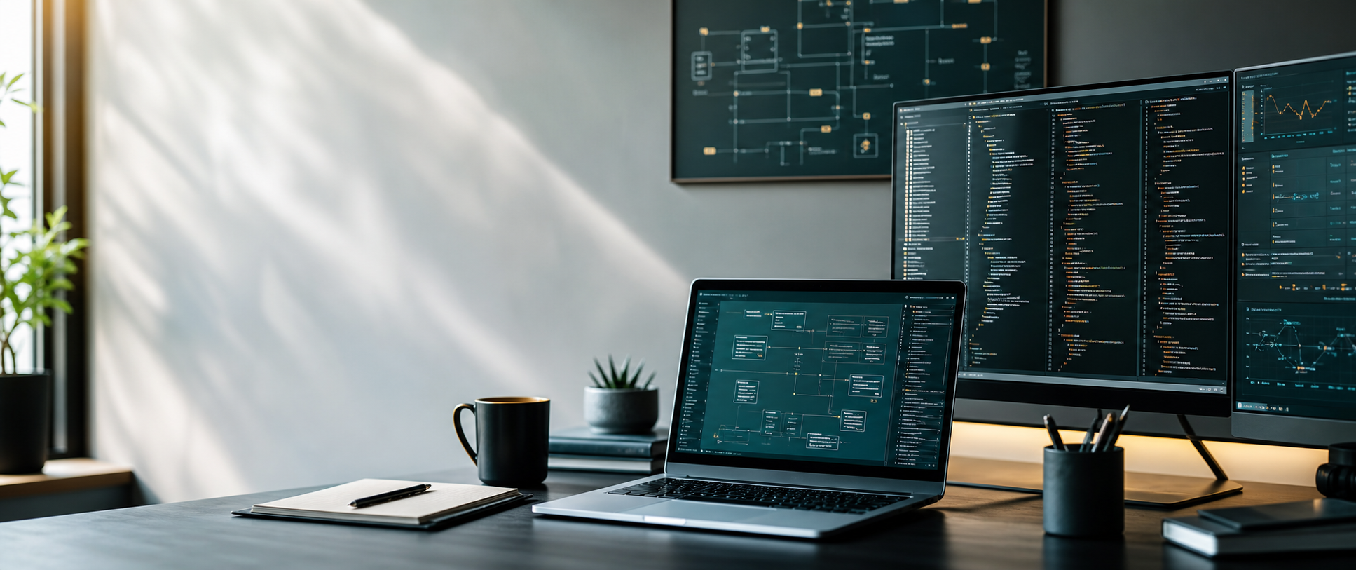 Modern software engineering workspace with dashboards and code.
